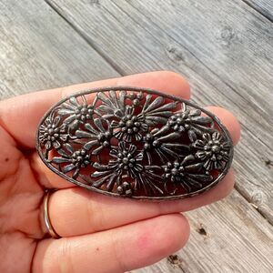 Vintage Art Nouveau Metal Flowers Sash Pin Brooch Silver Tone Oval Floral Brooch